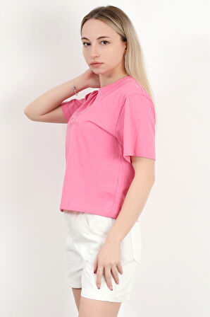 Kadın Bisiklet Yaka Yazı Baskılı Pamuklu T-Shirt Pembe - 925020