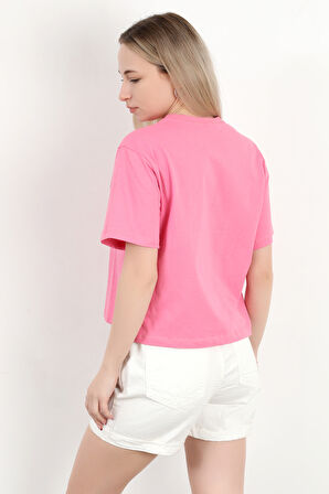 Kadın Bisiklet Yaka Yazı Baskılı Pamuklu T-Shirt Pembe - 925020