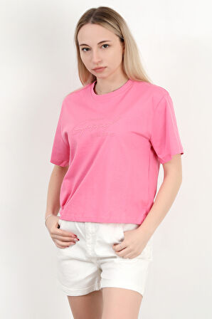 Kadın Bisiklet Yaka Yazı Baskılı Pamuklu T-Shirt Pembe - 925020