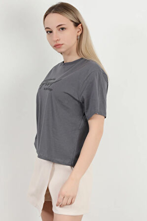 Kadın Bisiklet Yaka Yazı Baskılı Pamuklu T-Shirt Antrasit - 925020