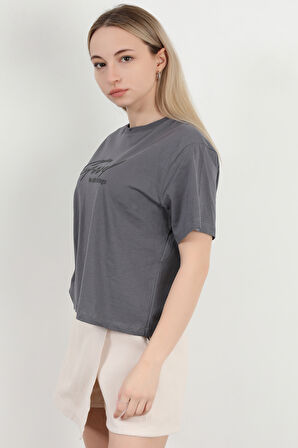 Kadın Bisiklet Yaka Yazı Baskılı Pamuklu T-Shirt Antrasit - 925020