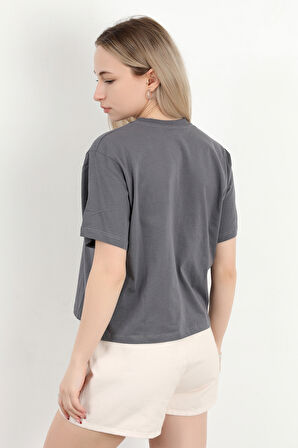 Kadın Bisiklet Yaka Yazı Baskılı Pamuklu T-Shirt Antrasit - 925020