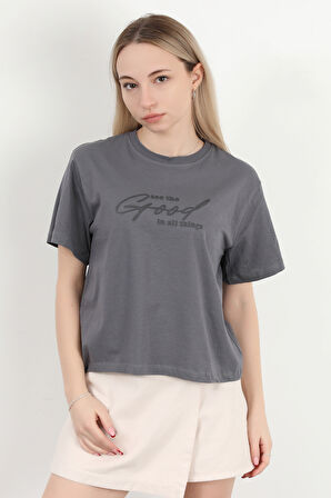 Kadın Bisiklet Yaka Yazı Baskılı Pamuklu T-Shirt Antrasit - 925020