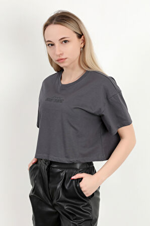 Kadın Bisiklet Yaka Good Things Baskılı T-Shirt Antrasit - 925039