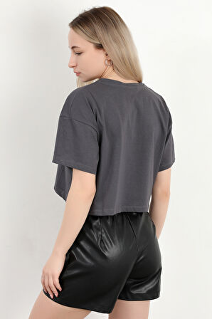 Kadın Bisiklet Yaka Good Things Baskılı T-Shirt Antrasit - 925039