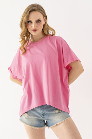 Kadın Bisiklet Yaka Basic Oversize T-Shirt Pembe - 925004