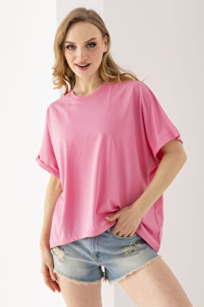 Kadın Bisiklet Yaka Basic Oversize T-Shirt Pembe - 925004