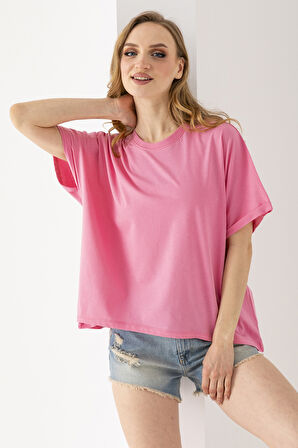 Kadın Bisiklet Yaka Basic Oversize T-Shirt Pembe - 925004