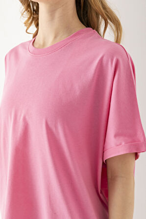 Kadın Bisiklet Yaka Basic Oversize T-Shirt Pembe - 925004