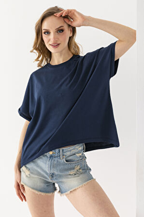 Kadın Bisiklet Yaka Basic Oversize T-Shirt Lacivert - 925004