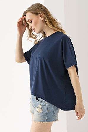 Kadın Bisiklet Yaka Basic Oversize T-Shirt Lacivert - 925004