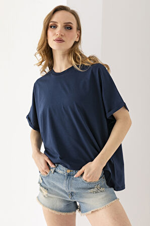 Kadın Bisiklet Yaka Basic Oversize T-Shirt Lacivert - 925004