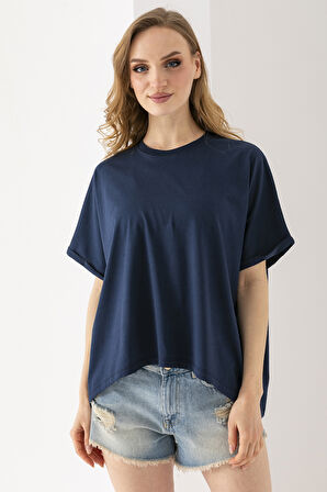 Kadın Bisiklet Yaka Basic Oversize T-Shirt Lacivert - 925004