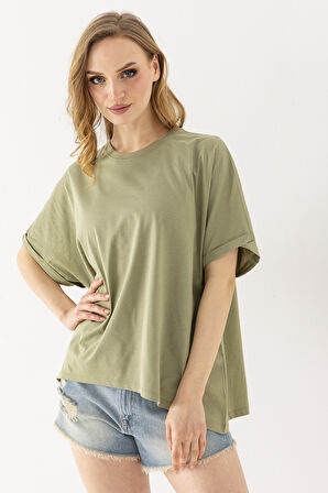 Kadın Bisiklet Yaka Basic Oversize T-Shirt Haki - 925004