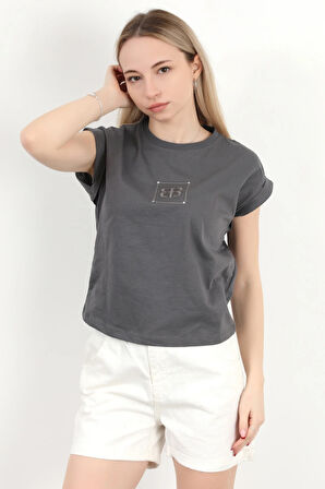 Kadın Bisiklet Yaka Kolu Katlamalı Nakışlı T-Shirt Antrasit - 925011