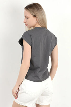 Kadın Bisiklet Yaka Kolu Katlamalı Nakışlı T-Shirt Antrasit - 925011