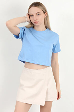 Kadın Bisiklet Yaka Basic Spor T-Shirt Mavi - 925003