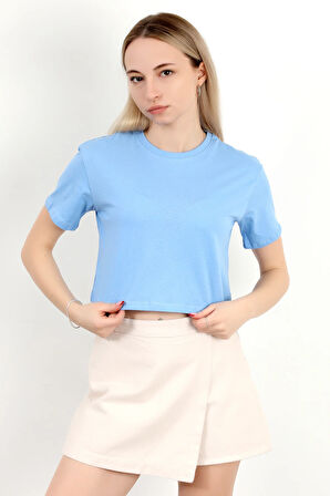 Kadın Bisiklet Yaka Basic Spor T-Shirt Mavi - 925003