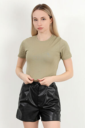 Kadın Bisiklet Yaka Kolu Bedende Basic T-Shirt Haki - 925063