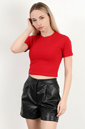 Kadın Bisiklet Yaka Kolu Bedende Basic T-Shirt Kırmızı - 925063