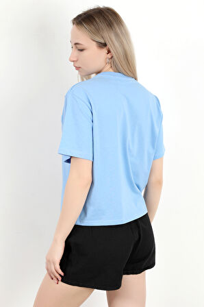Kadın Bisiklet Yaka Pamuklu Düz Basic T-Shirt Mavi - 925006