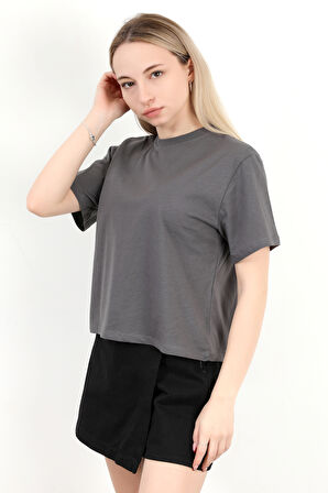 Kadın Bisiklet Yaka Pamuklu Düz Basic T-Shirt Antrasit - 925006