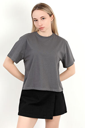 Kadın Bisiklet Yaka Pamuklu Düz Basic T-Shirt Antrasit - 925006
