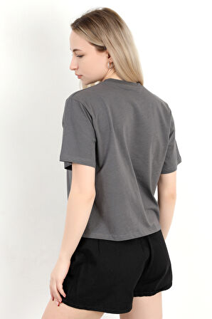 Kadın Bisiklet Yaka Pamuklu Düz Basic T-Shirt Antrasit - 925006