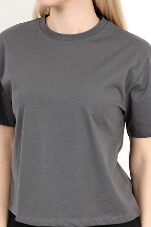 Kadın Bisiklet Yaka Pamuklu Düz Basic T-Shirt Antrasit - 925006