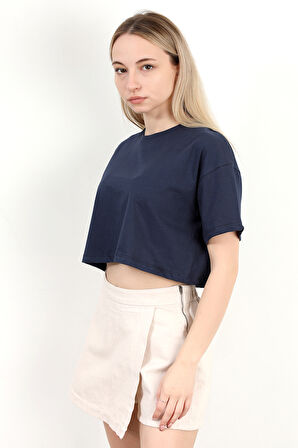 Kadın Bisiklet Yaka Salaş Basic T-Shirt Lacivert - 925007