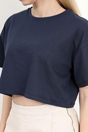 Kadın Bisiklet Yaka Salaş Basic T-Shirt Lacivert - 925007