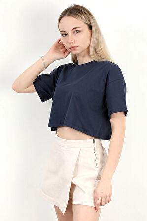 Kadın Bisiklet Yaka Salaş Basic T-Shirt Lacivert - 925007