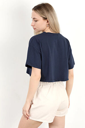 Kadın Bisiklet Yaka Salaş Basic T-Shirt Lacivert - 925007