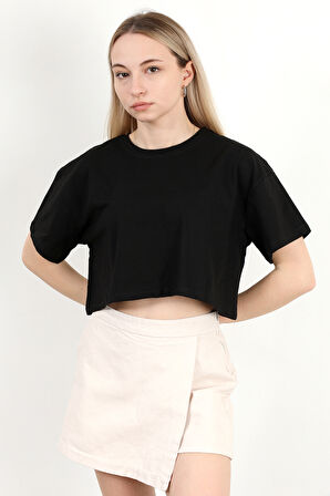 Kadın Bisiklet Yaka Salaş Basic T-Shirt Siyah - 925007