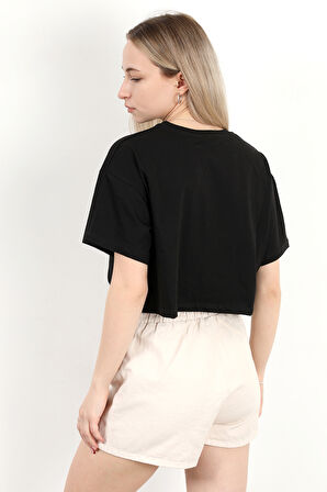 Kadın Bisiklet Yaka Salaş Basic T-Shirt Siyah - 925007