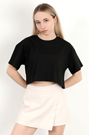 Kadın Bisiklet Yaka Salaş Basic T-Shirt Siyah - 925007