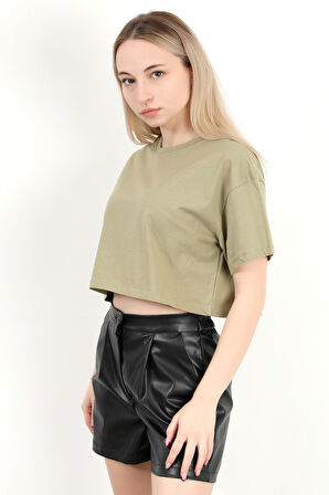 Kadın Bisiklet Yaka Salaş Basic T-Shirt Haki - 925007