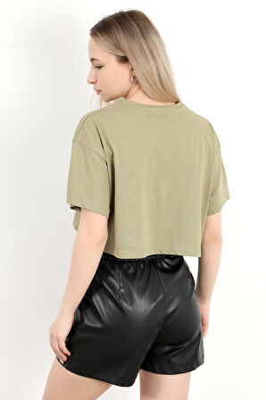Kadın Bisiklet Yaka Salaş Basic T-Shirt Haki - 925007