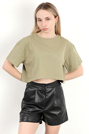 Kadın Bisiklet Yaka Salaş Basic T-Shirt Haki - 925007