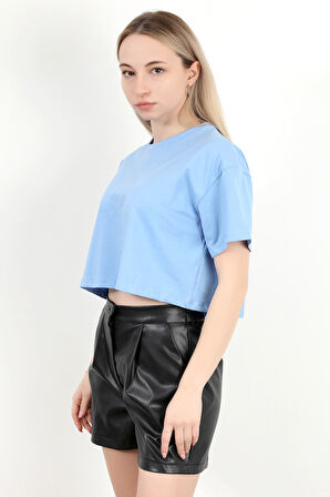 Kadın Bisiklet Yaka Salaş Basic T-Shirt Mavi - 925007