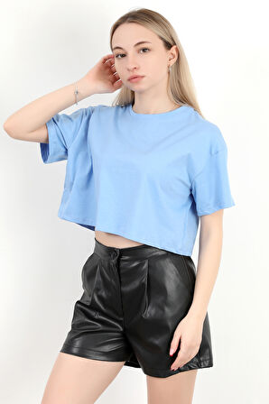 Kadın Bisiklet Yaka Salaş Basic T-Shirt Mavi - 925007