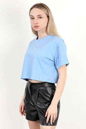 Kadın Bisiklet Yaka Salaş Basic T-Shirt Mavi - 925007
