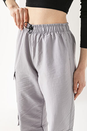 Kadın Beli Ayarlanabilir Kargo Cep Paraşüt Pantolon Gri - 925045