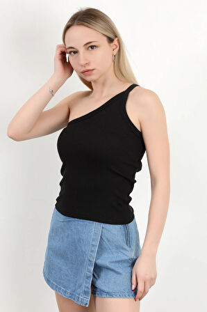Kadın Tek Omuz Asimetrik Yaka Dokulu Bluz Siyah - MS0000579