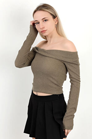 Kadın Madonna Yaka Uzun Kollu Bürümcük Bluz Haki - MS0000589