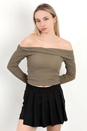 Kadın Madonna Yaka Uzun Kollu Bürümcük Bluz Haki - MS0000589