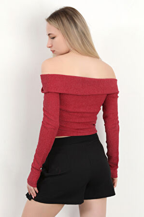 Kadın Madonna Yaka Uzun Kollu Bürümcük Bluz Bordo - MS0000589