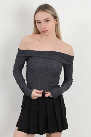 Kadın Madonna Yaka Uzun Kollu Bürümcük Bluz Lacivert - MS0000589