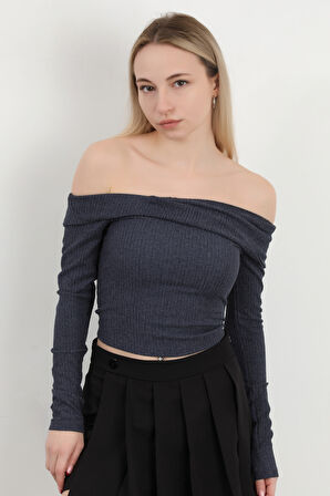 Kadın Madonna Yaka Uzun Kollu Bürümcük Bluz Lacivert - MS0000589