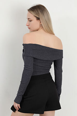 Kadın Madonna Yaka Uzun Kollu Bürümcük Bluz Lacivert - MS0000589